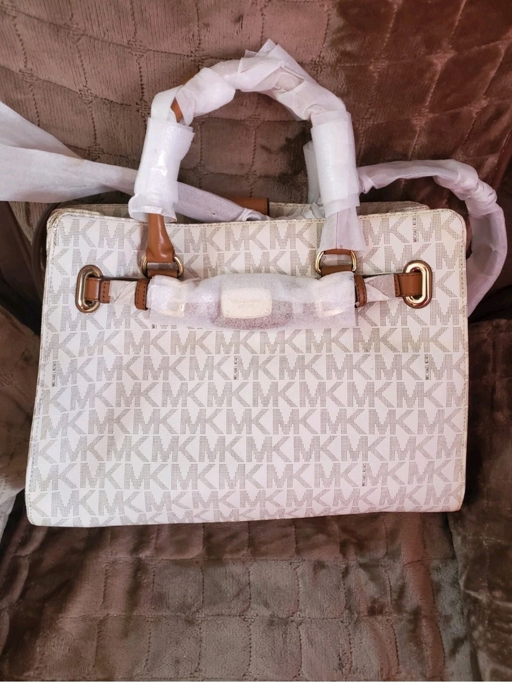 Michael Kors Cream MK Monogram Satchel with Tan Trim